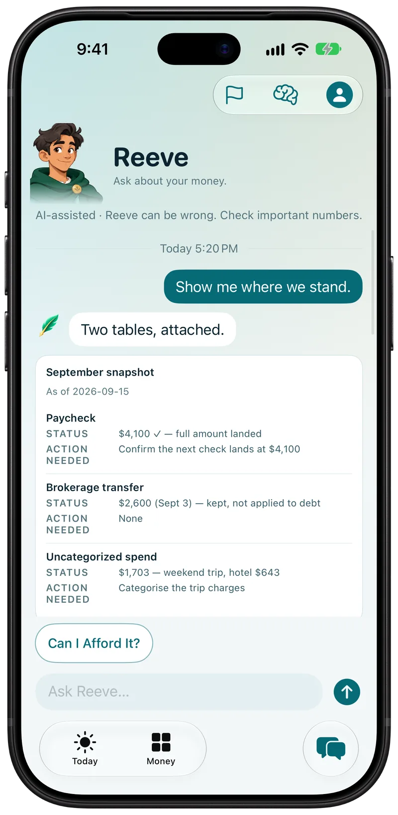 Ask Reeve with sample data: the AI-assisted notice, a question, and Reeve's answer with a table