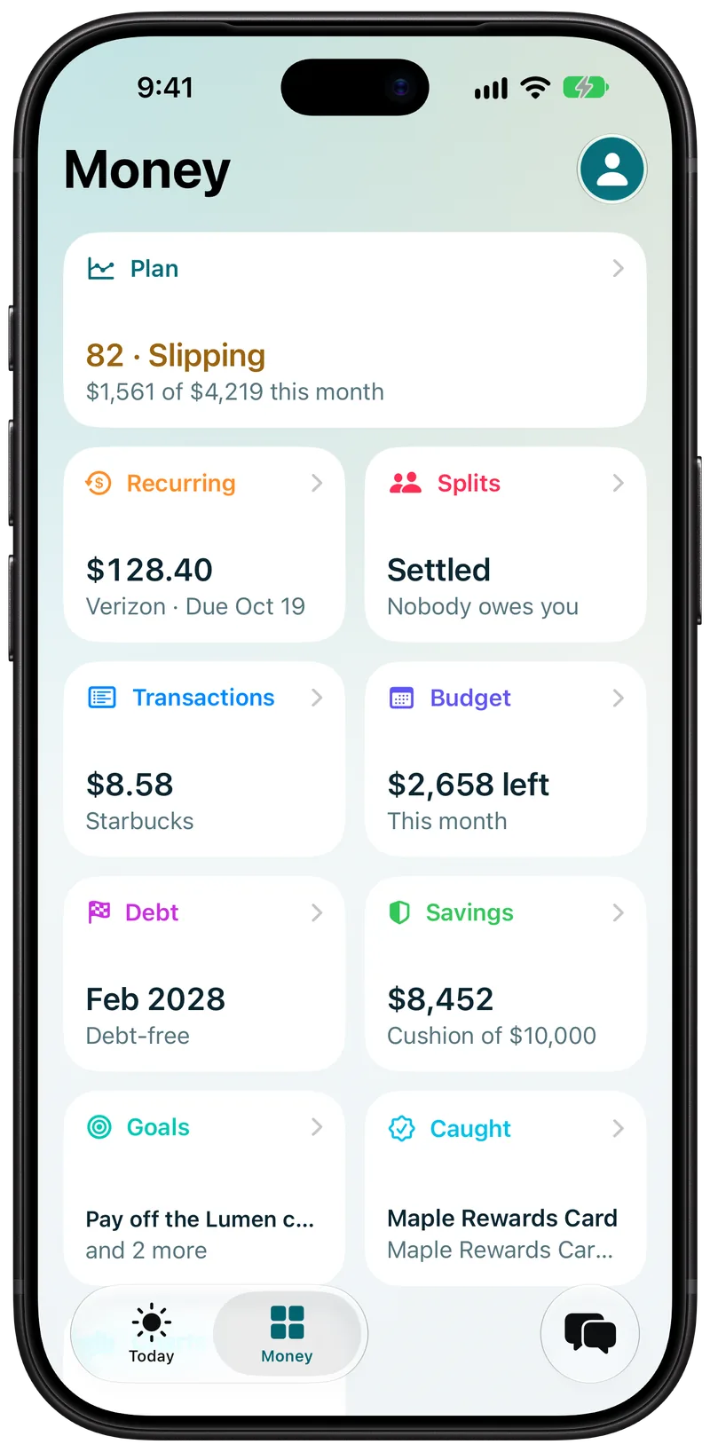 Accounts on Reeve's Today screen, showing an invented demo household: credit cards, loans, auto and mortgage with their balances