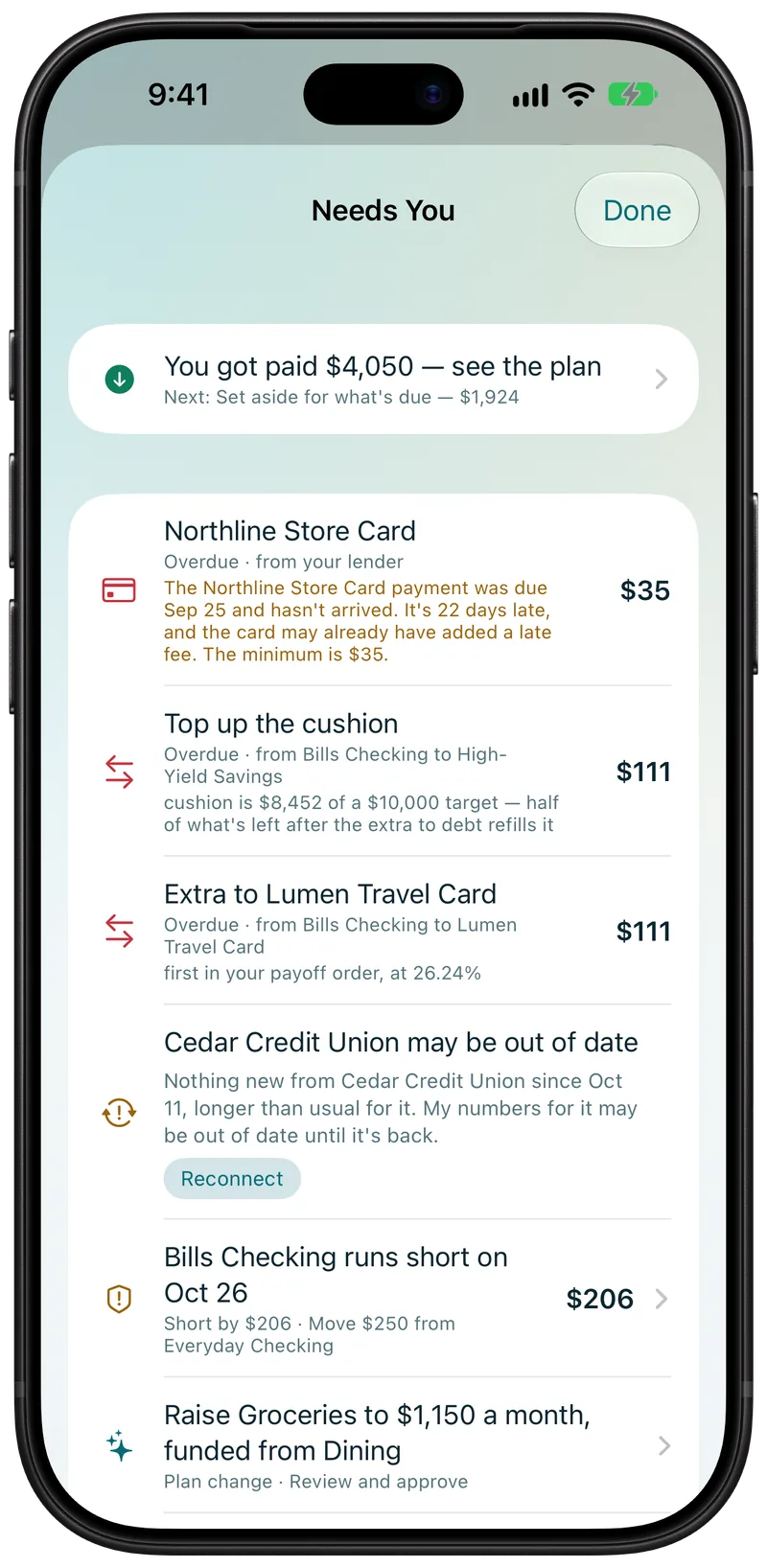 Reeve's Proposed changes screen, showing an invented demo household: raise Groceries to $1,150 a month, funded from Dining, with Approve and No thanks