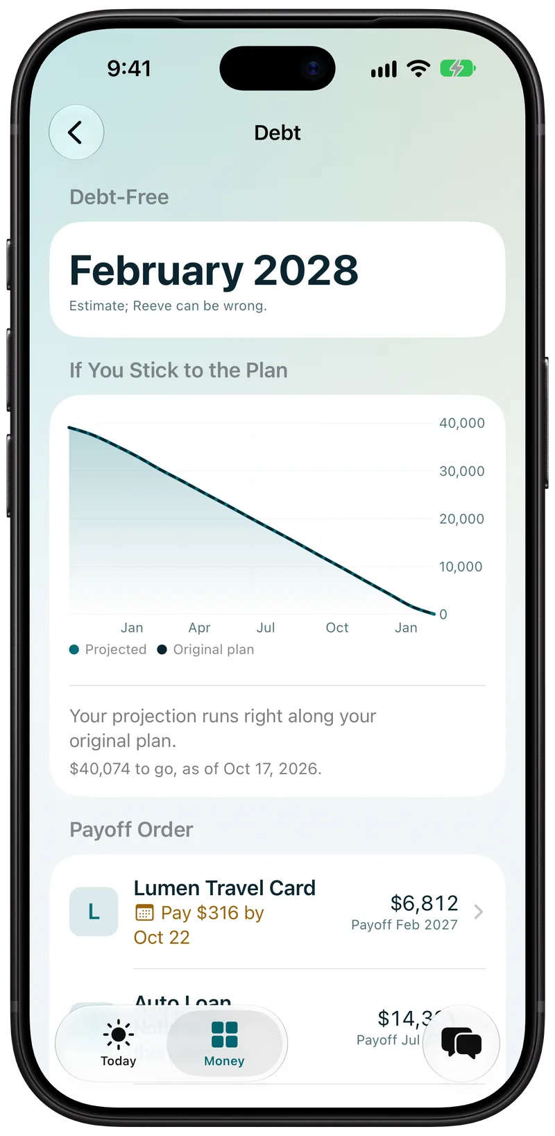 Reeve's Plan, Debt page, showing an invented demo household: debt-free March 2028, an estimate, with the payoff chart